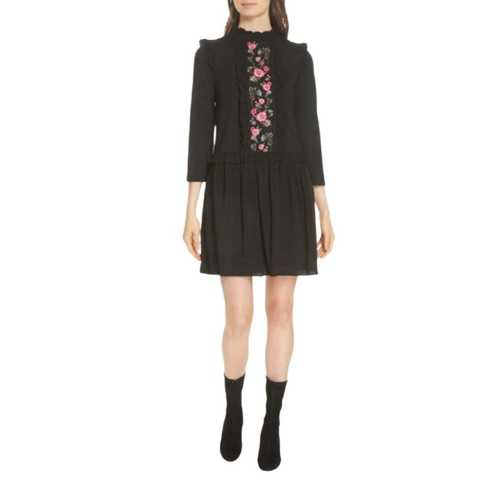 Kate Spade Embroidered Mixed Media Dress, Black Size XS NWT